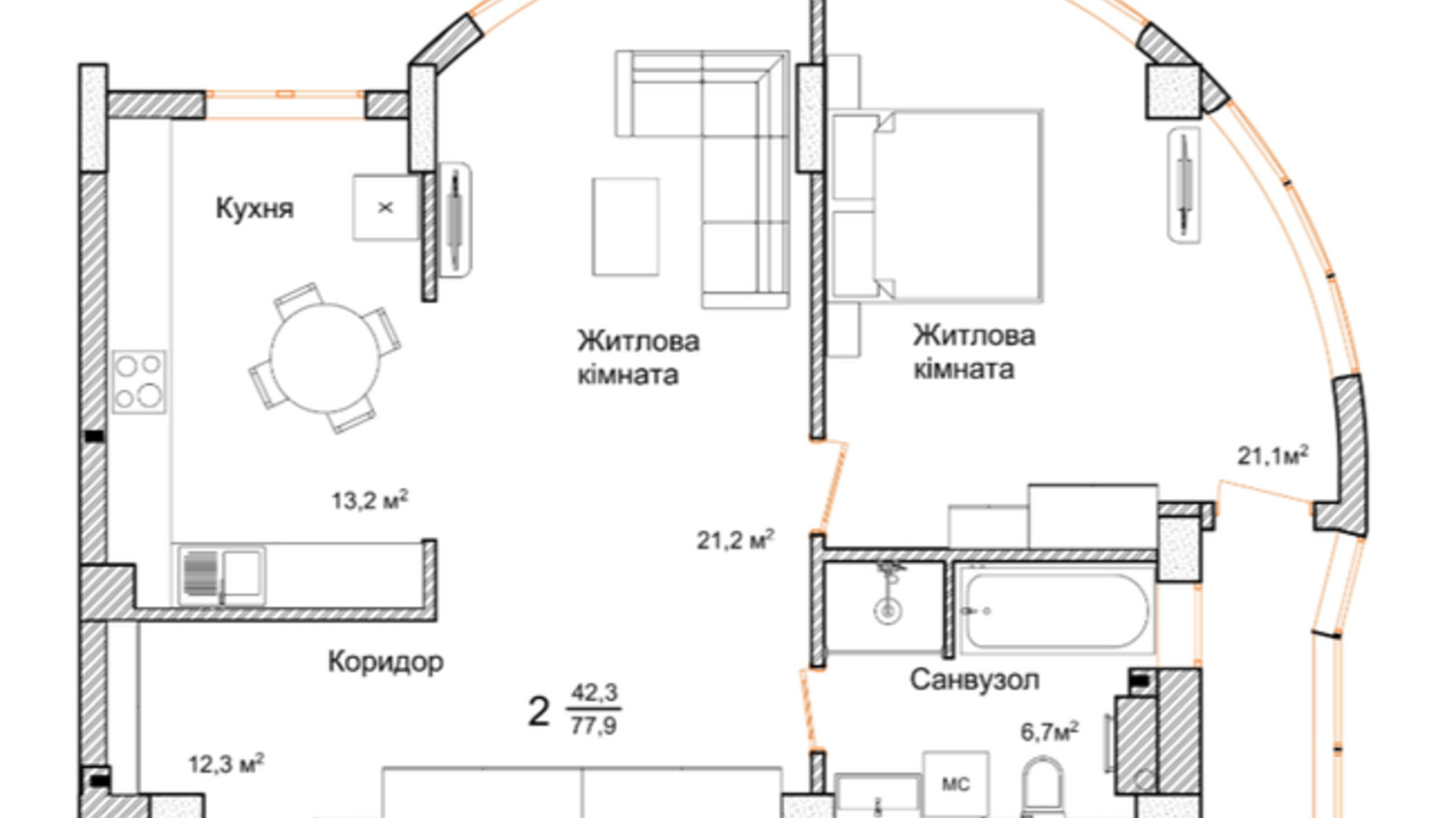 Планування 2-кімнатної квартири в ЖК Маєток Буковинський 77.9 м², фото 166705