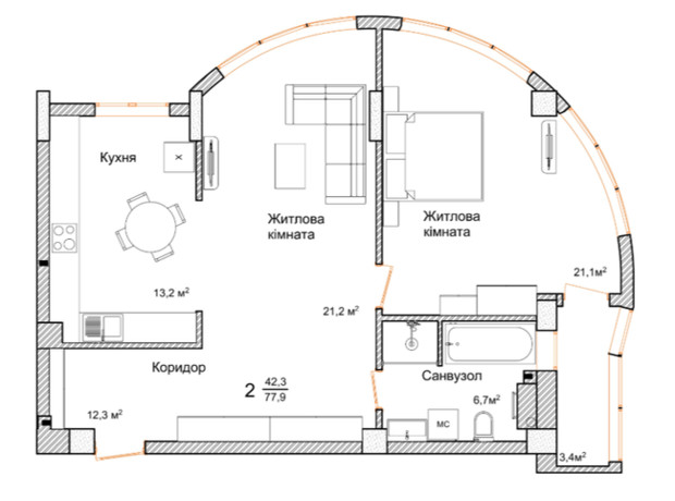 ЖК Маєток Буковинський: планування 2-кімнатної квартири 77.9 м²