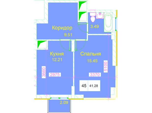 ЖК Love: планировка 1-комнатной квартиры 41.28 м²