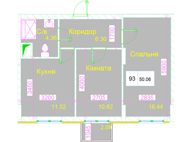 ЖК Love: планировка 2-комнатной квартиры 50.06 м²