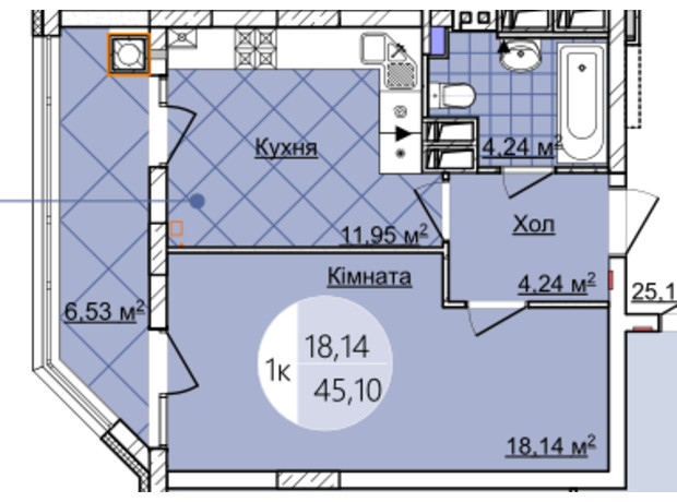 ЖК Imperial Park Avenue: планування 1-кімнатної квартири 45.1 м²