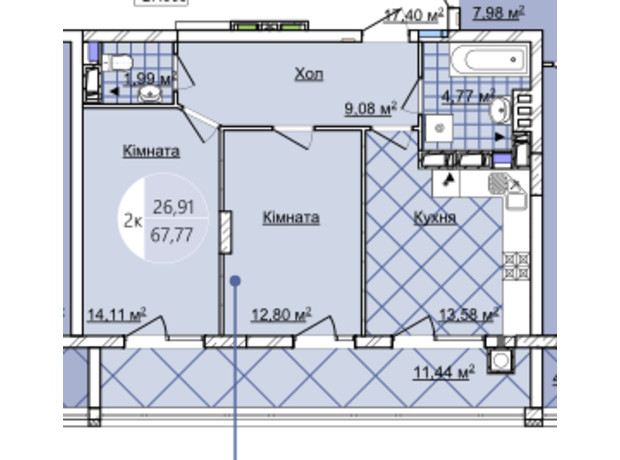 ЖК Imperial Park Avenue: планування 2-кімнатної квартири 66.77 м²