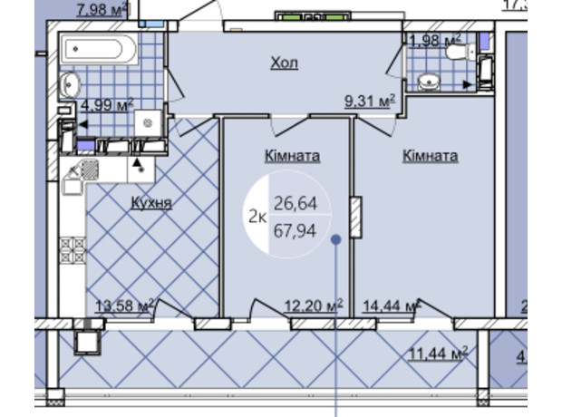 ЖК Imperial Park Avenue: планування 2-кімнатної квартири 67.94 м²