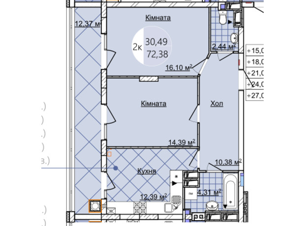 ЖК Imperial Park Avenue: планировка 2-комнатной квартиры 72.38 м²