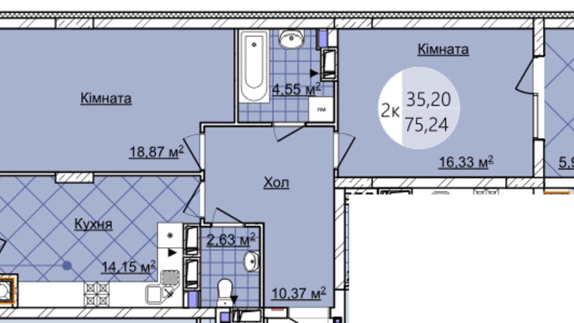 Планировка 2-комнатной квартиры в ЖК Imperial Park Avenue 75.24 м², фото 167218