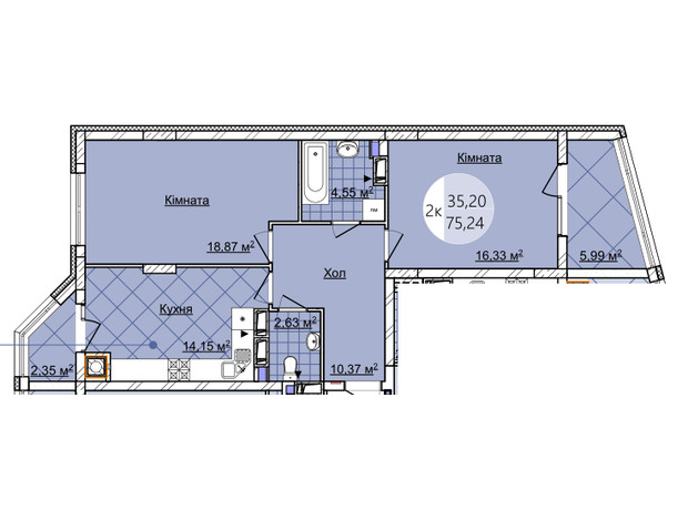 ЖК Imperial Park Avenue: планування 2-кімнатної квартири 75.24 м²