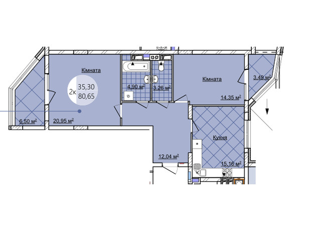 ЖК Imperial Park Avenue: планування 2-кімнатної квартири 80.65 м²