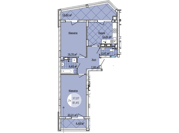 ЖК Imperial Park Avenue: планировка 2-комнатной квартиры 81.45 м²