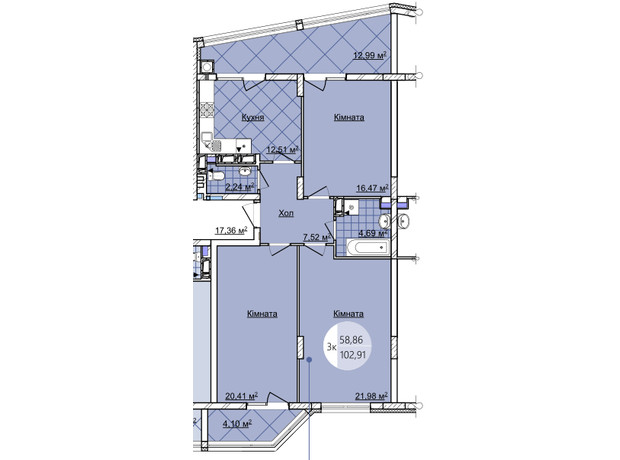 ЖК Imperial Park Avenue: планировка 3-комнатной квартиры 102.91 м²