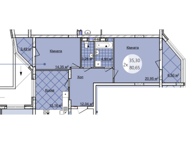 ЖК Imperial Park Avenue: планировка 2-комнатной квартиры 80.65 м²