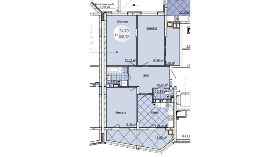 Планировка 3-комнатной квартиры в ЖК Imperial Park Avenue 108.32 м², фото 167230