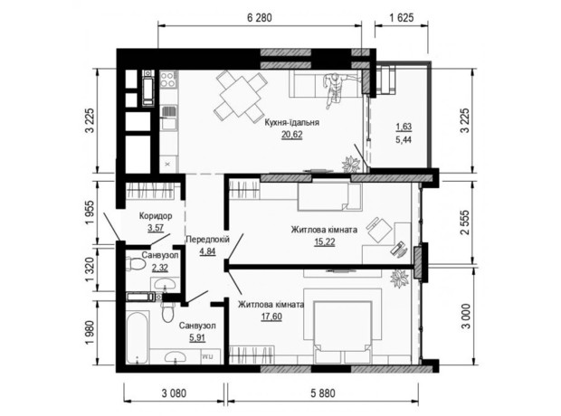 ЖК Pusha house: планування 2-кімнатної квартири 71.71 м²