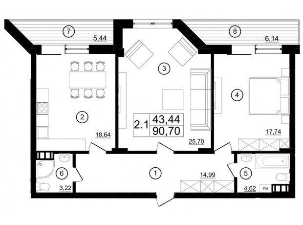 КБ м29: планування 2-кімнатної квартири 91.7 м²