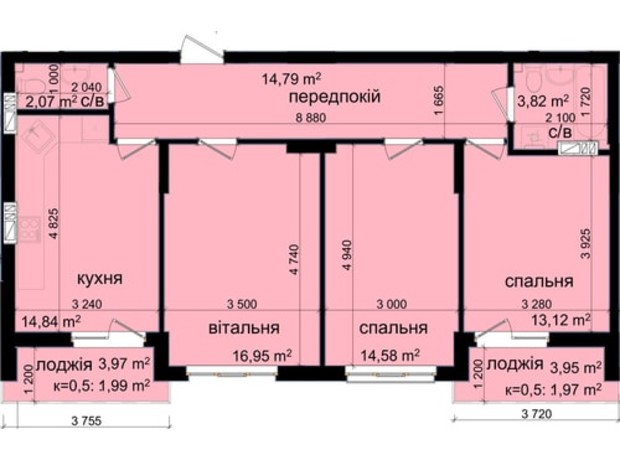 ЖК Кришталеві джерела: планировка 3-комнатной квартиры 84.13 м²