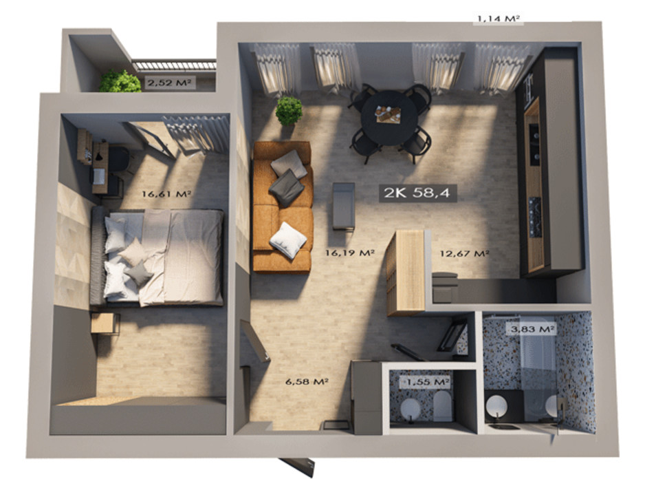Планировка 2-комнатной квартиры в ЖК Клубный городок 12 58.4 м², фото 172152 Планировка 2-комнатной квартиры в ЖК Клубный городок 12 58.4 м², фото 172152