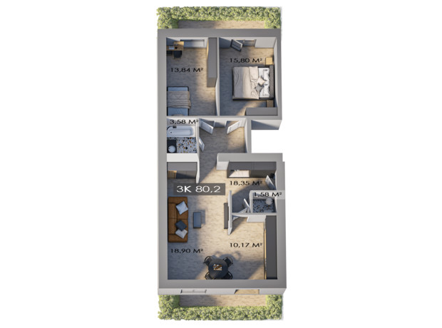 ЖК Клубный городок 12: планировка 3-комнатной квартиры 80.2 м²