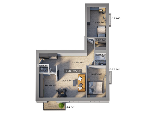 ЖК Клубный городок 12: планировка 3-комнатной квартиры 91.2 м²