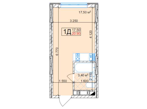 ЖК Квітень: планування 1-кімнатної квартири 20.9 м²