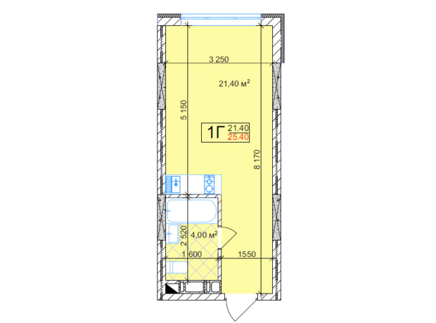 ЖК Квітень: планування 1-кімнатної квартири 25.4 м²