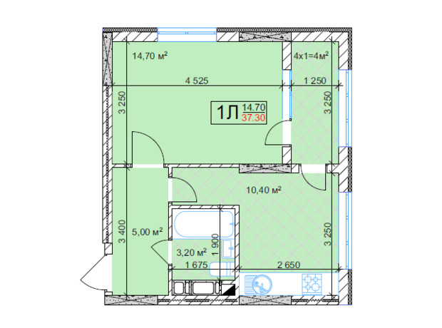 ЖК Квітень: планування 1-кімнатної квартири 37.3 м²