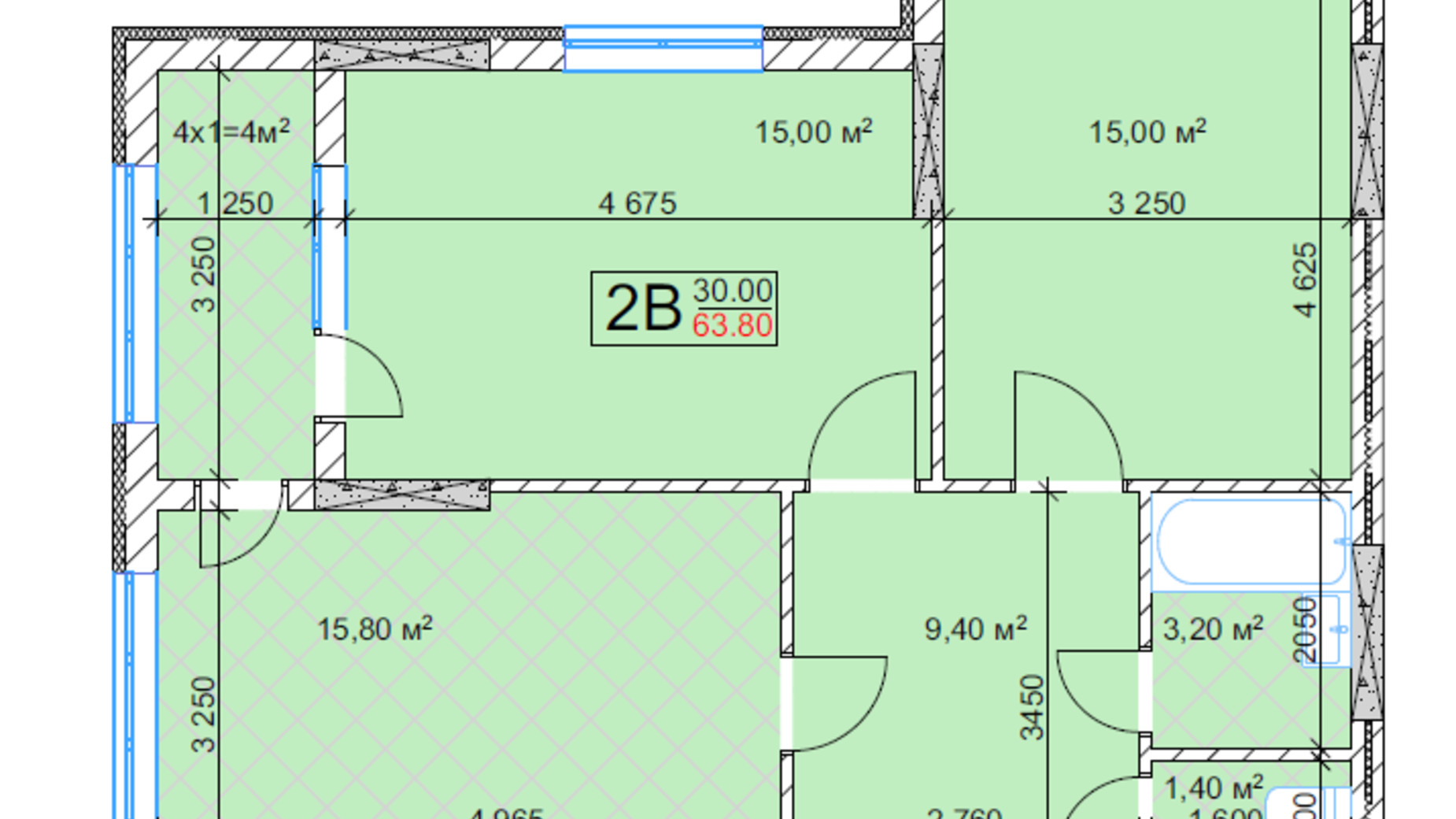 Планування 2-кімнатної квартири в ЖК Квітень 63.8 м², фото 172767