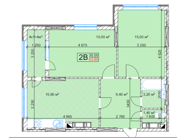 ЖК Квітень: планировка 2-комнатной квартиры 63.8 м²