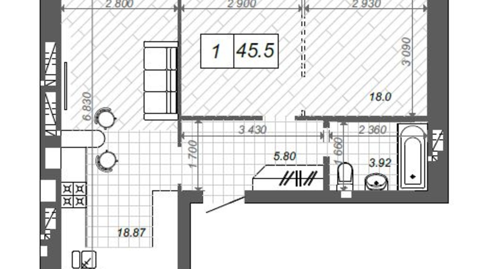 Планировка 1-комнатной квартиры в ЖК Новые Метры Center 45.5 м², фото 174372