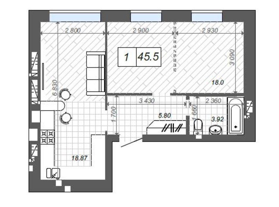 Планування 1-кімнатної квартири в ЖК Нові Метри Center 45.5 м², фото 174372 Планування 1-кімнатної квартири в ЖК Нові Метри Center 45.5 м², фото 174372