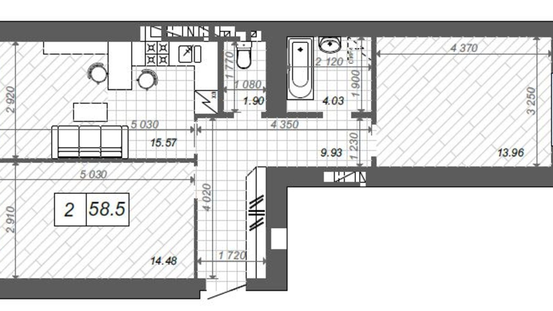 Планування 2-кімнатної квартири в ЖК Нові Метри Center 58.5 м², фото 174374