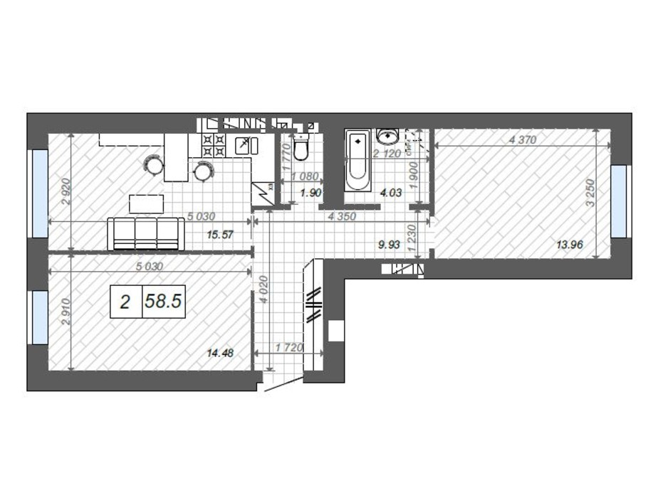 Планування 2-кімнатної квартири в ЖК Нові Метри Center 58.5 м², фото 174374 Планування 2-кімнатної квартири в ЖК Нові Метри Center 58.5 м², фото 174374