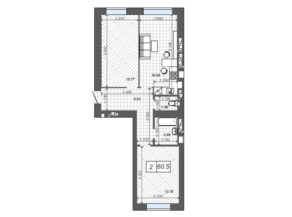 Планування 2-кімнатної квартири в ЖК Нові Метри Center 60.5 м², фото 174375 Планування 2-кімнатної квартири в ЖК Нові Метри Center 60.5 м², фото 174375