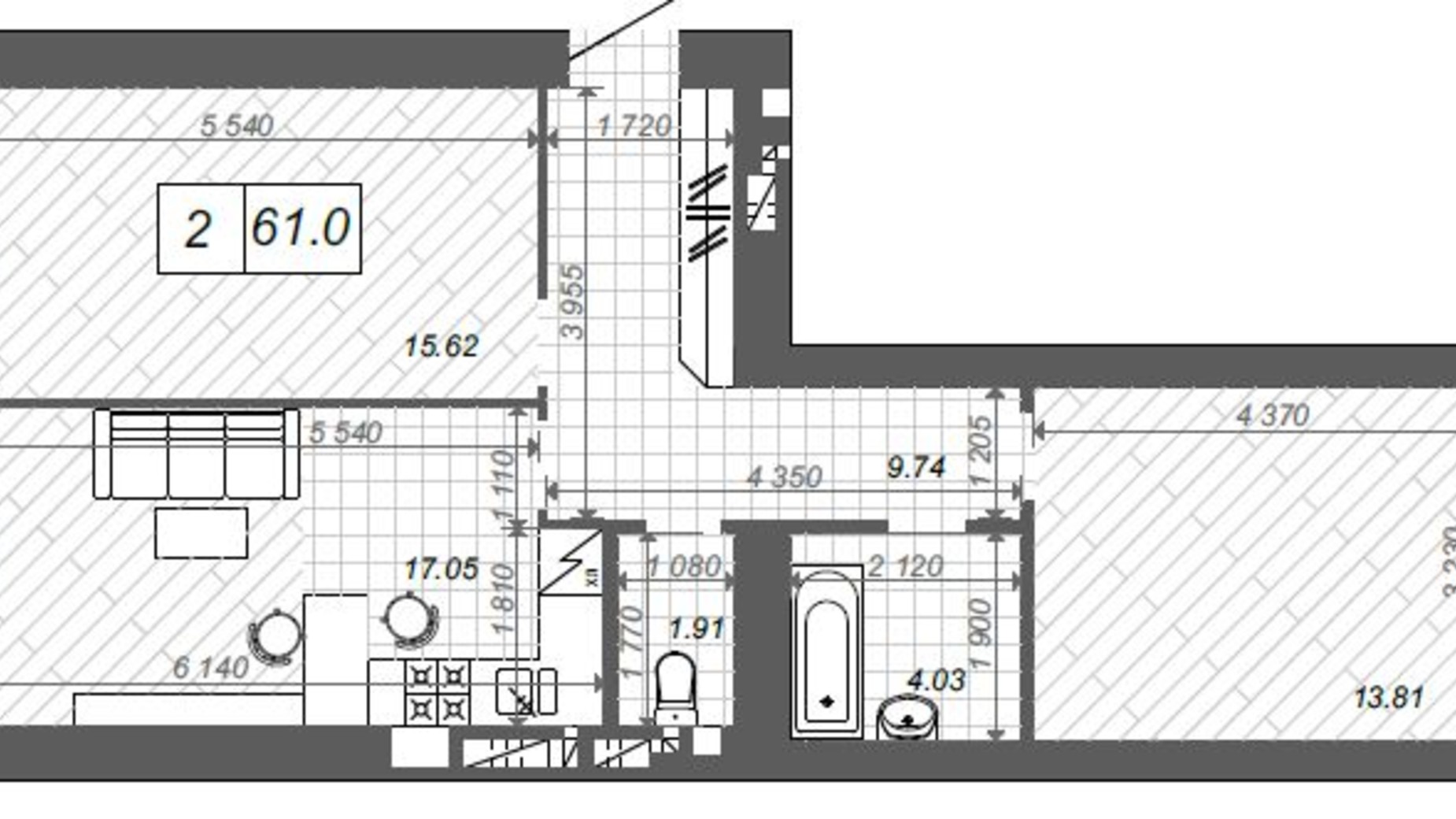 Планування 2-кімнатної квартири в ЖК Нові Метри Center 61 м², фото 174376
