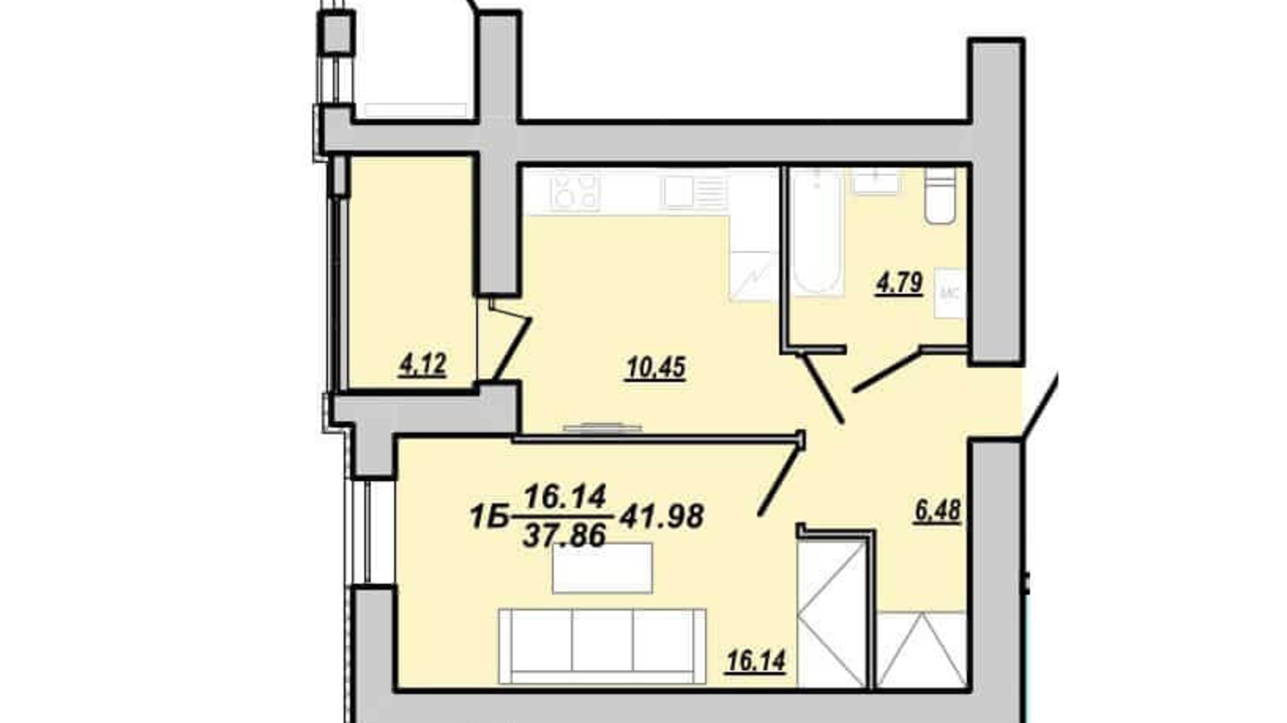 Планування 1-кімнатної квартири в ЖК Рідний дім 41.98 м², фото 174754