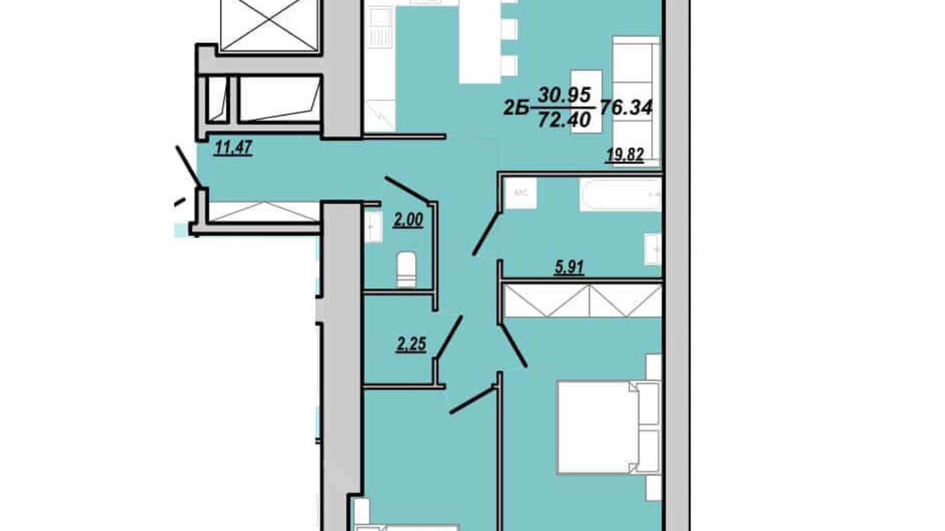 Планування 2-кімнатної квартири в ЖК Рідний дім 76.34 м², фото 174757