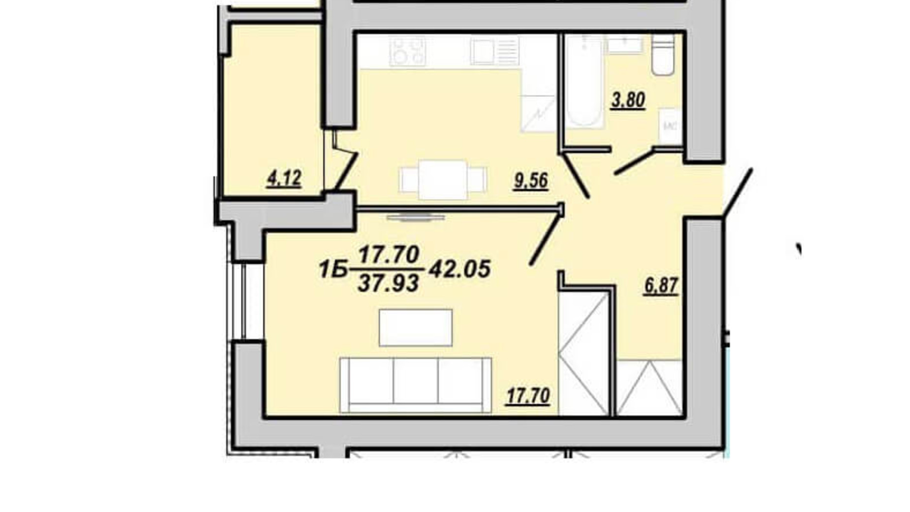 Планування 1-кімнатної квартири в ЖК Рідний дім 42.05 м², фото 174796