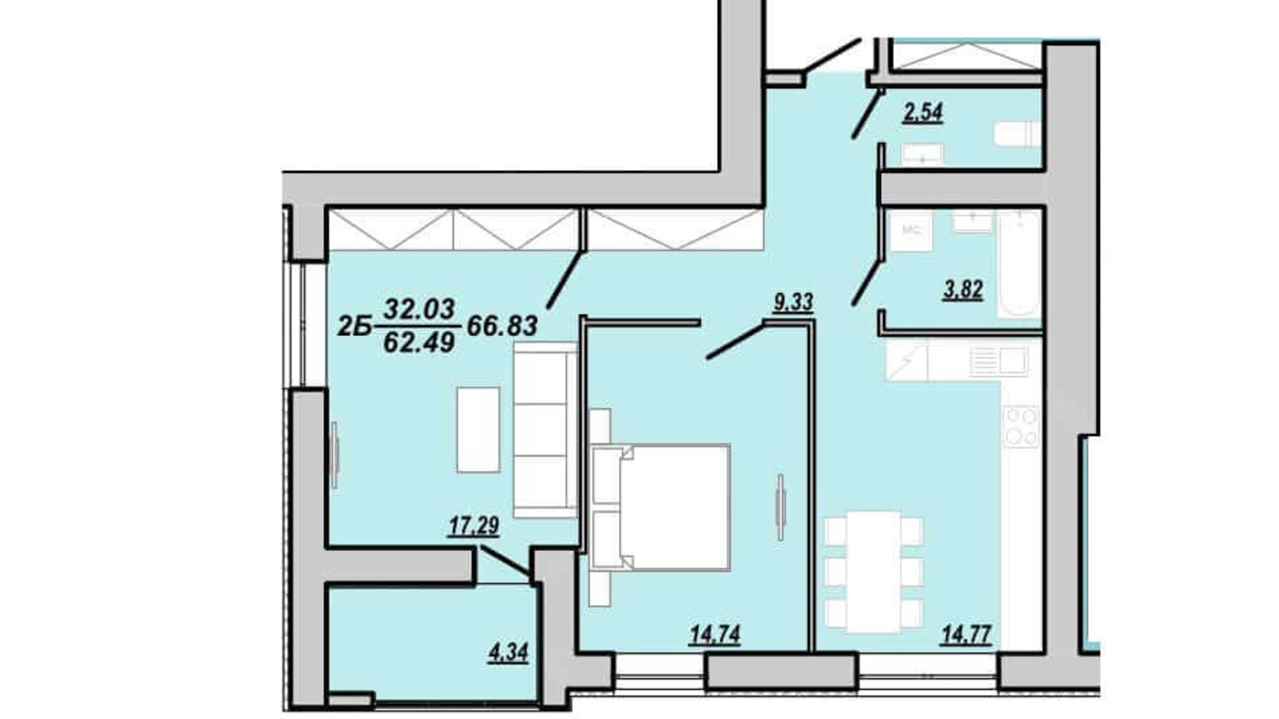 Планування 2-кімнатної квартири в ЖК Рідний дім 66.83 м², фото 174800