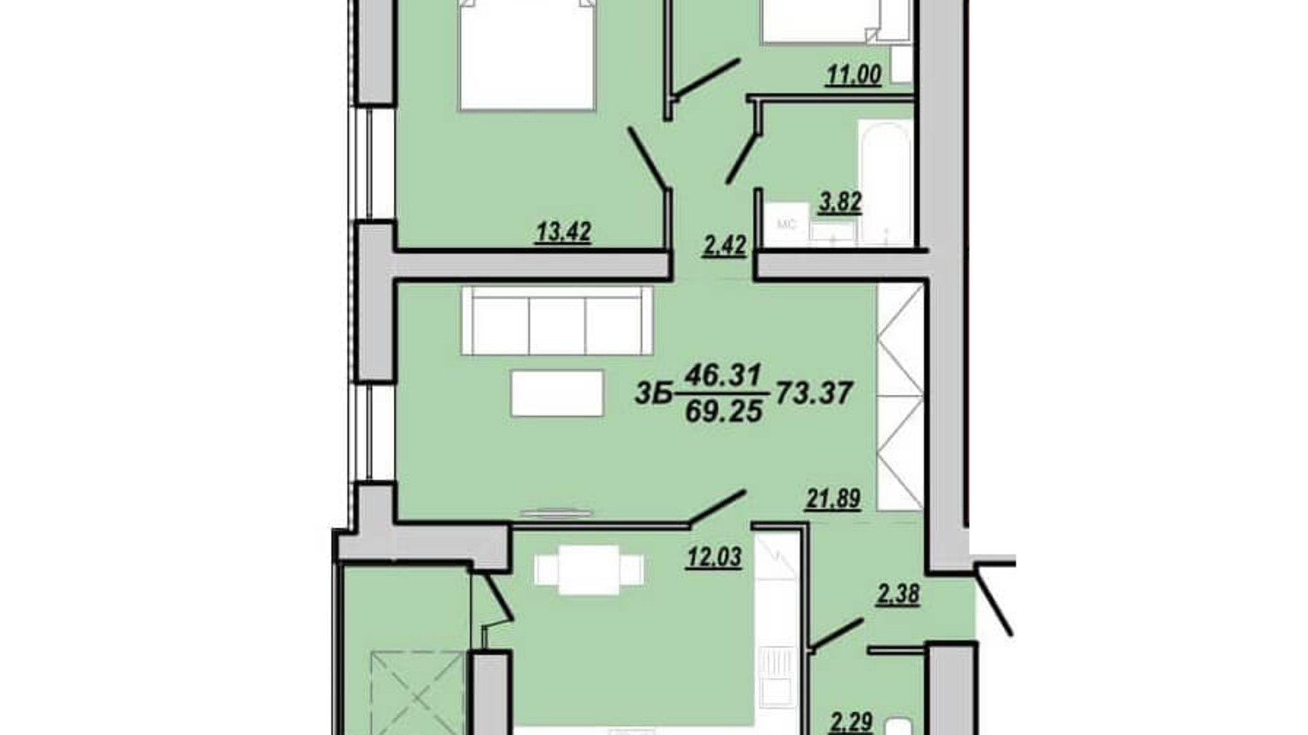 Планування 3-кімнатної квартири в ЖК Рідний дім 73.37 м², фото 174801
