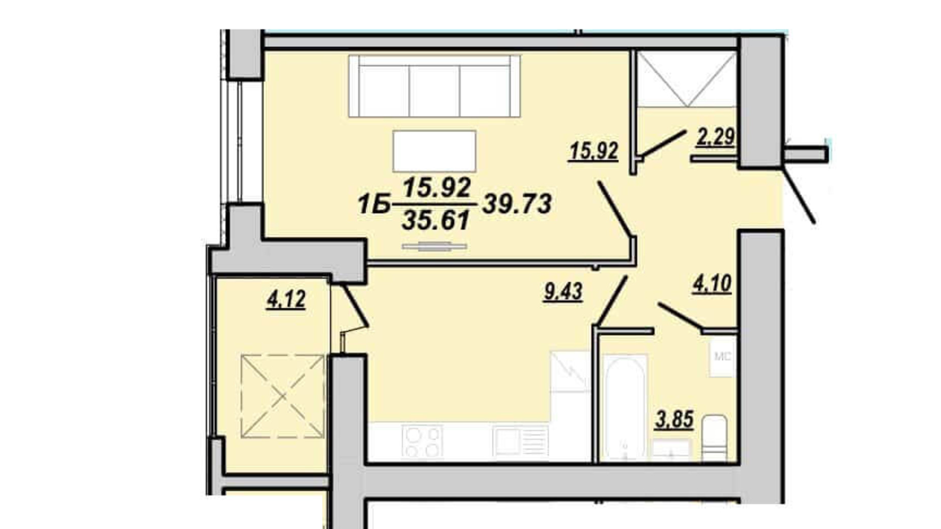 Планування 1-кімнатної квартири в ЖК Рідний дім 39.73 м², фото 174845