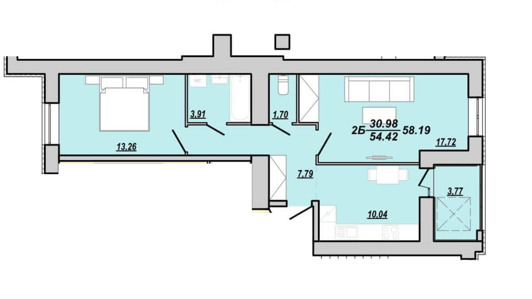 Планировка 2-комнатной квартиры в ЖК Рідний дім 58.19 м², фото 174847