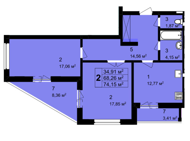 ЖК Q-4 Quoroom Avenue: планування 2-кімнатної квартири 74.15 м²