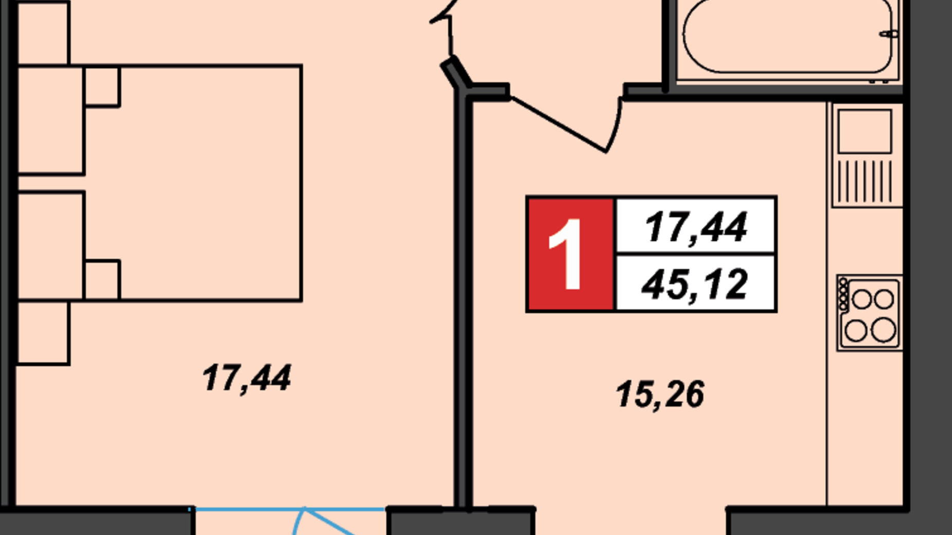 Планировка 1-комнатной квартиры в ЖК Sportcity 45.12 м², фото 175656