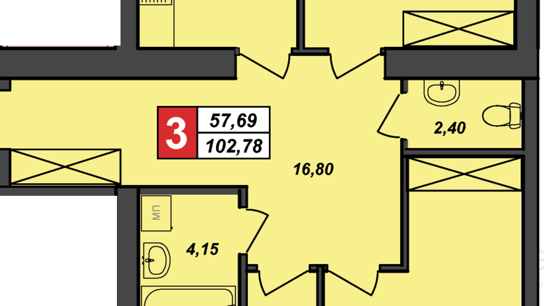 Планировка 3-комнатной квартиры в ЖК Sportcity 102.78 м², фото 175662