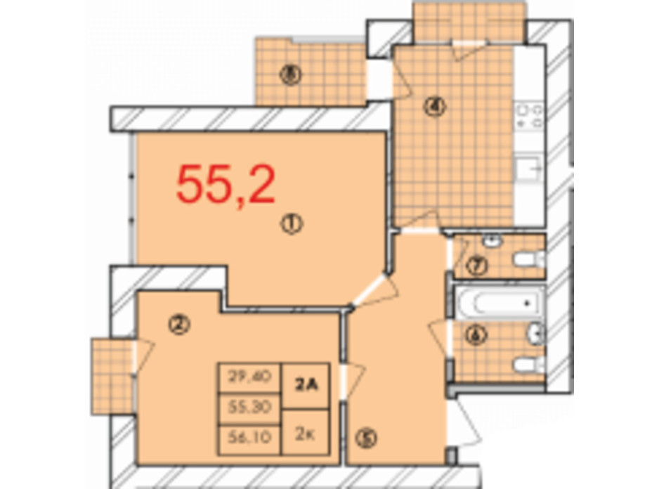 Планування 2-кімнатної квартири в ЖК Крайобраз 55.2 м², фото 175709 Планування 2-кімнатної квартири в ЖК Крайобраз 55.2 м², фото 175709