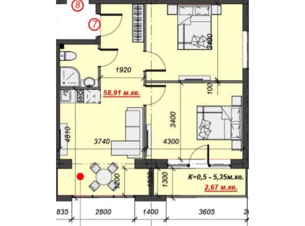 Апарт-комплекс Green Park Resort: планування 2-кімнатної квартири 61.58 м²