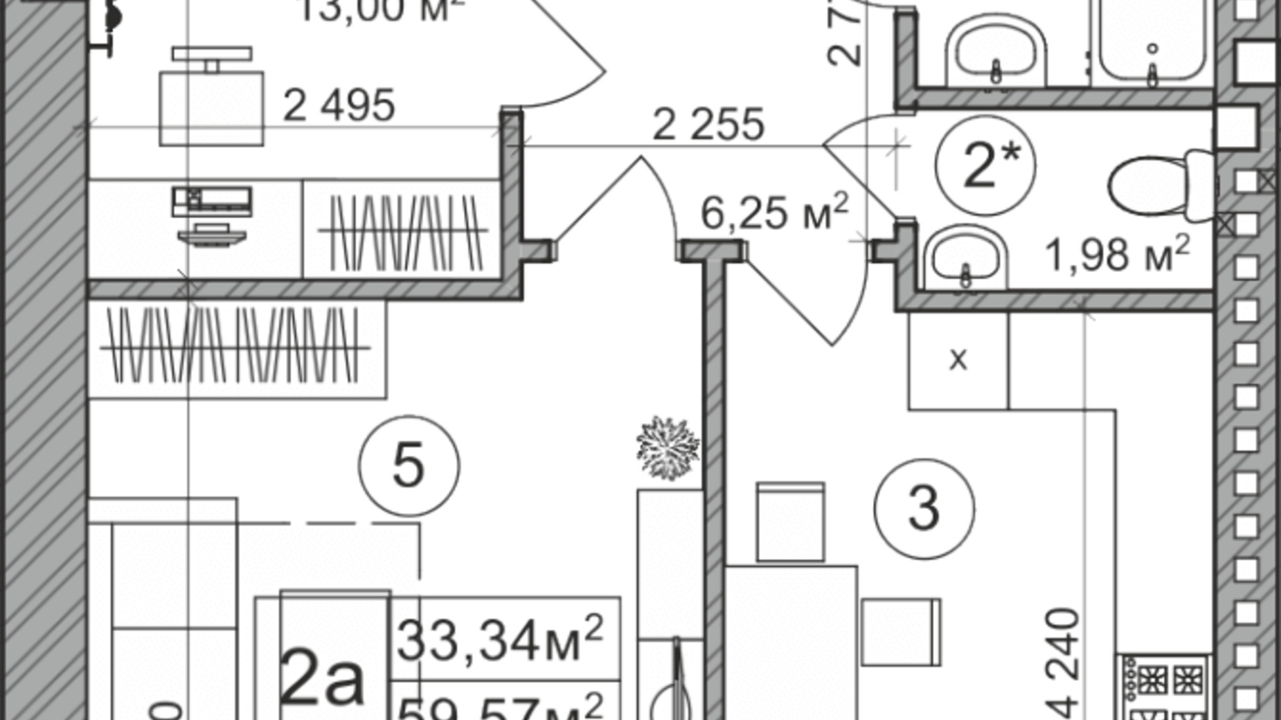 Планировка 2-комнатной квартиры в КД Greenwood 66.3 м², фото 177435