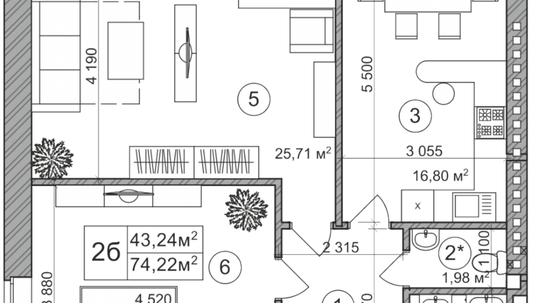 Планировка 3-комнатной квартиры в КД Greenwood 76 м², фото 177437