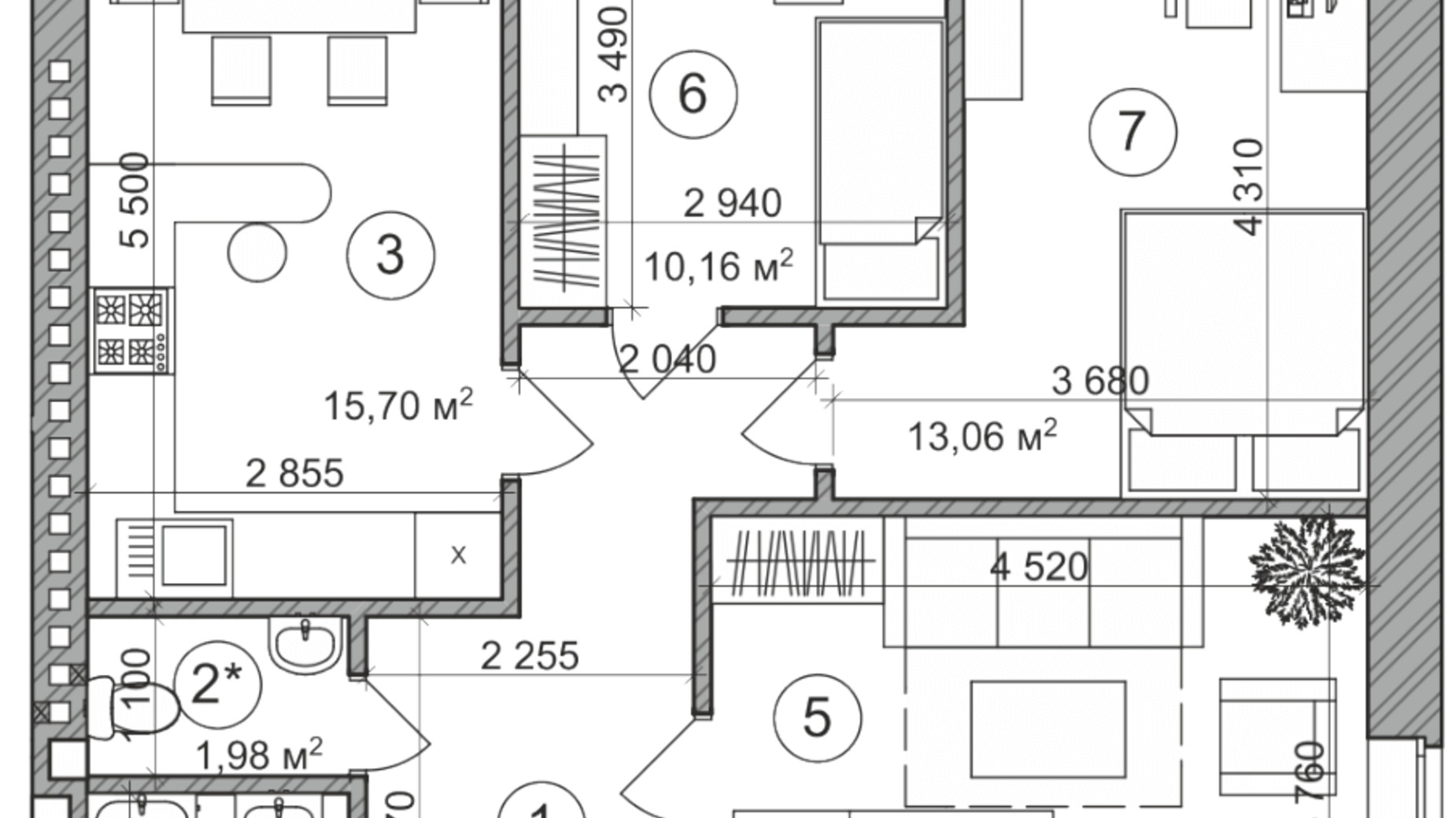 Планировка 3-комнатной квартиры в КД Greenwood 77 м², фото 177439