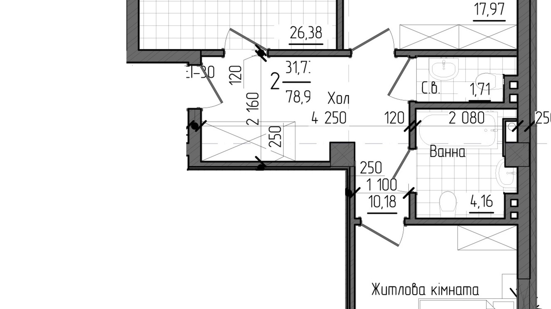 Планировка 2-комнатной квартиры в ЖК Престижный 2 79.18 м², фото 178085