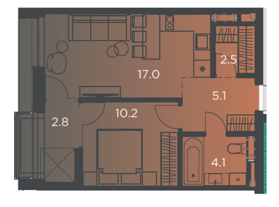 Планування 1-кімнатної квартири в Апарт-комплекс Pokrovsky Apart Complex 40 м², фото 178263 Планування 1-кімнатної квартири в Апарт-комплекс Pokrovsky Apart Complex 40 м², фото 178263