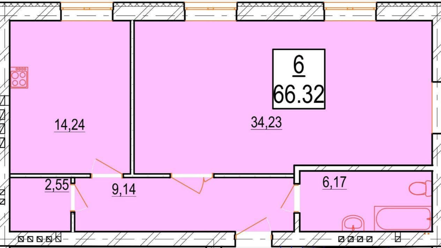 Планування 1-кімнатної квартири в ЖК Маєток Боздош 66.32 м², фото 178739